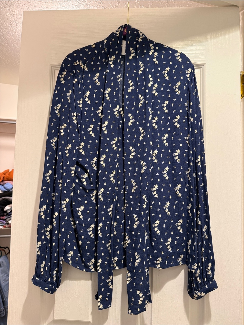 L'Academie Navy Floral Tie-Neck Blouse